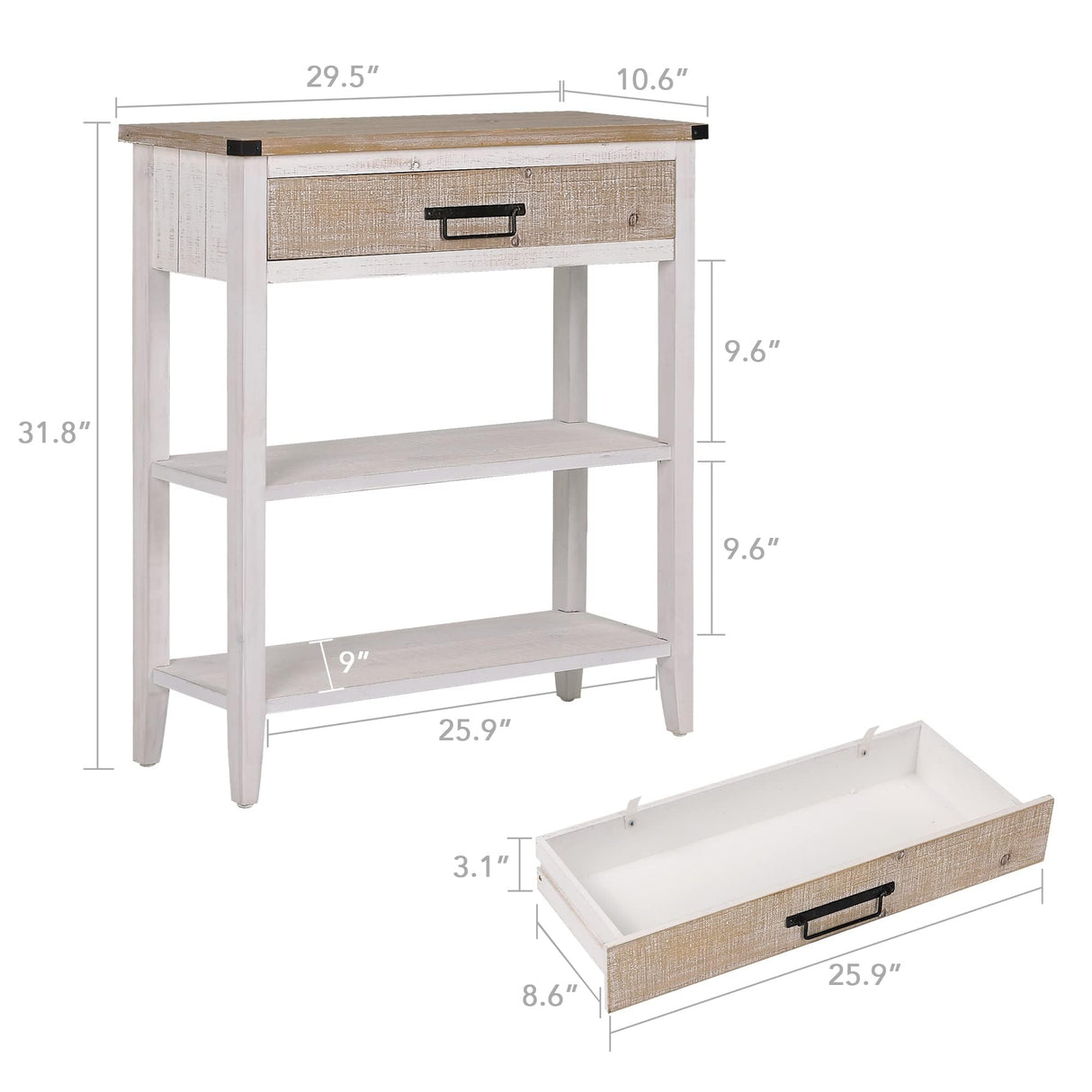 RUSTOWN Farmhouse Console Table with Drawer, 3-Tier Rustic Entryway Table with Open Storage Shelves and Handmade Metal Handle, Narrow Foyer Sofa Table for Living Room, Entryway, Hallway (Washed White) RUSTOWN