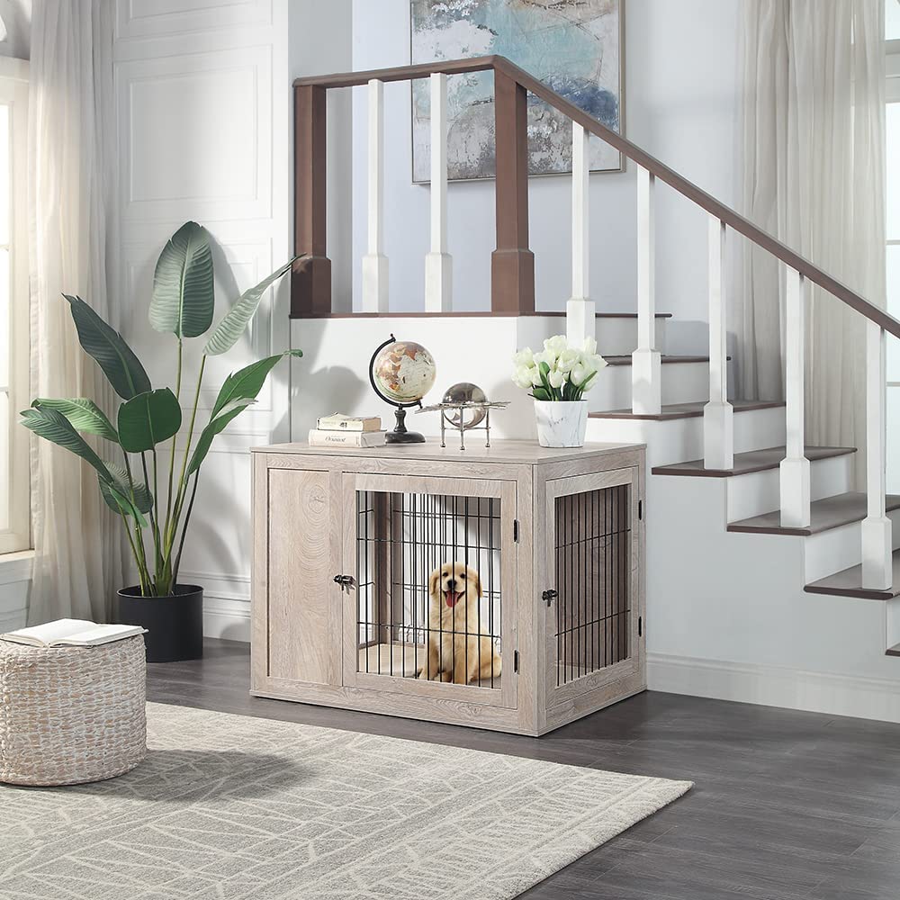 unipaws Furniture Style Dog Crate for Medium Large Dogs, Indoor Aesthetic Dog Stuff Kennel, Modern Decorative Wood Wire Pet House Dog Cage, Pretty Cute End Side Table Nightstand, Weathered Grey unipaws