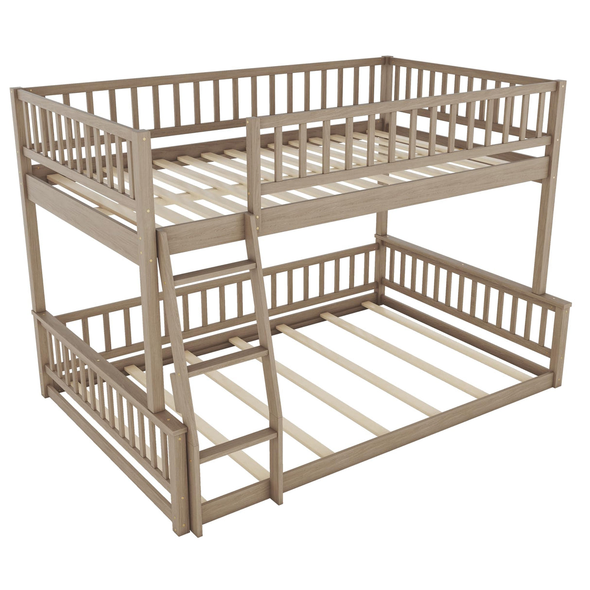 KLMM Walnut Finish Wood Full XL Over Queen Bunk Bed with Ladder and Guardrails KLMM