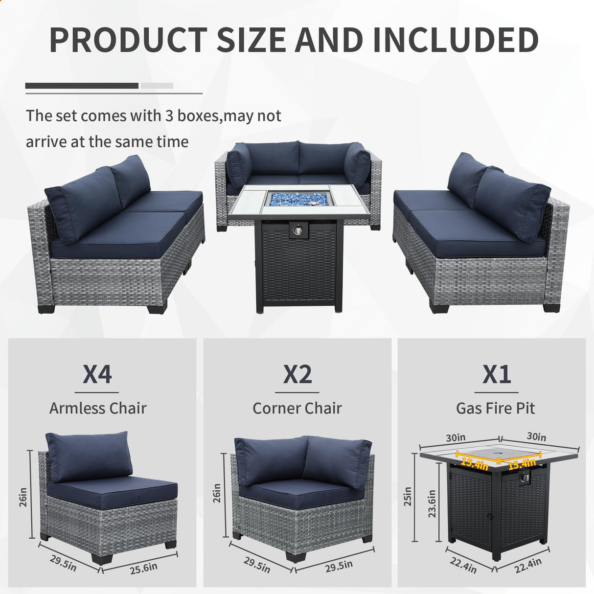 Valita 7 Piece Outdoor PE Wicker Furniture Set, Patio Gray Rattan Sectional Sofa Couch Adjustable Gas Fire Pit Dark Blue Cushions Valita