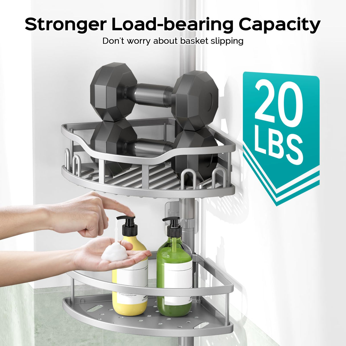 HAMITOR Corner Shower Caddy Tension Pole: Rustproof 4-Tier Bathroom Organizer Shelves for Bathtub Shampoo Storage - 47-121 Inch Quick Install Adjustable Rod Standing Rack with Soap Rack - Silver Gray HAMITOR