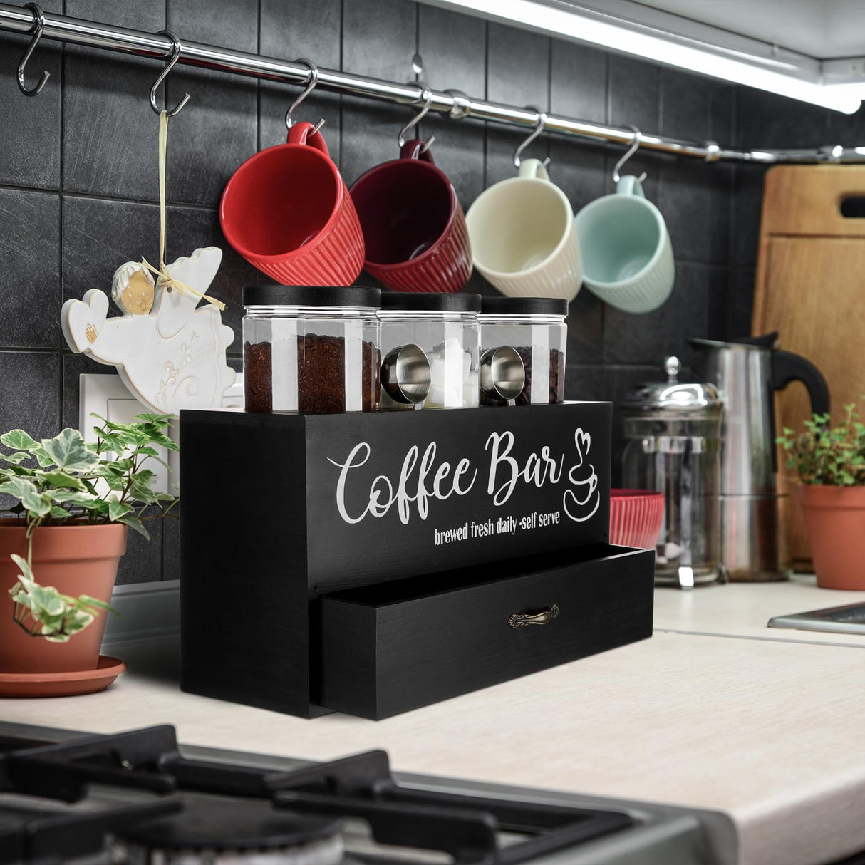 Skybooly 3 Pcs Coffee Canister Set with Shelf and Spoon Plastic Coffee Bean Storage Container with Lids Coffee Storage Box with Drawer Food Storage Jars for Coffee Bar Kitchen (Black) Skybooly