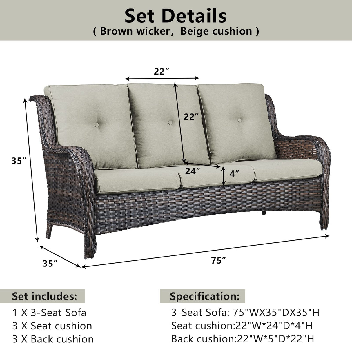 Belord Outdoor Furniture 3-Seater Rattan Sofa Patio Wicker Sofa Couch Furniture Set with Washable Cushions Belord