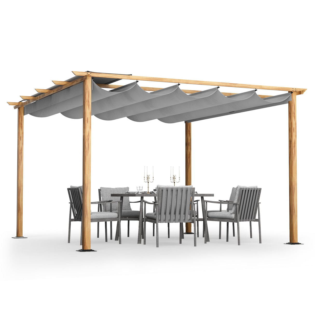 HAPPATIO 12' X 12' Retractable Pergola Canopy for Backyard, Garden, Patio; Woodgrain-Look Aluminum Frame with Retractable Pergola Canopy, Includes Anchors and Expansion Screws (Grey) HAPPATIO