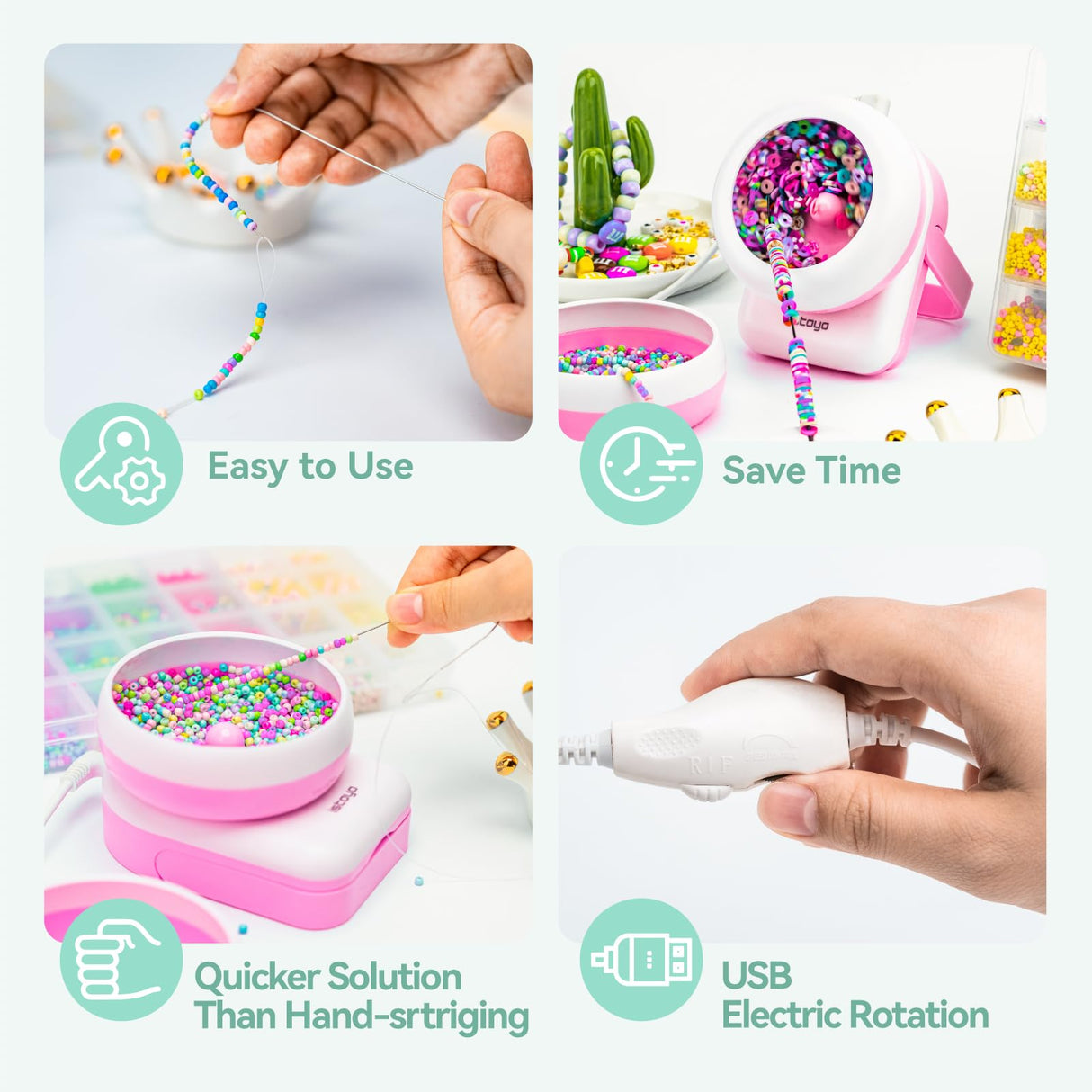 ISTOYO 2IN1 Adjustable Electric Clay and Seed Bead Spinner - Dual-Purpose Jewelry Making Tool with Big Eye Beading Needle - Ideal for Bracelets and Necklaces - Vibrant Pink ISTOYO