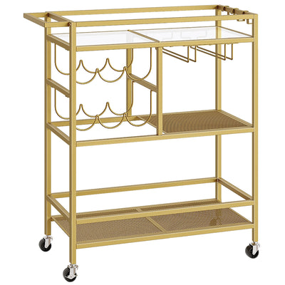 MAHANCRIS Bar Cart for Home, 3-Tier Serving Cart with Wheels and Handle, Beverage Cart with Wine Rack and Glass Holders, Rolling Wine Cart for Kitchen, Dining Room, Gold RCJ61B01
