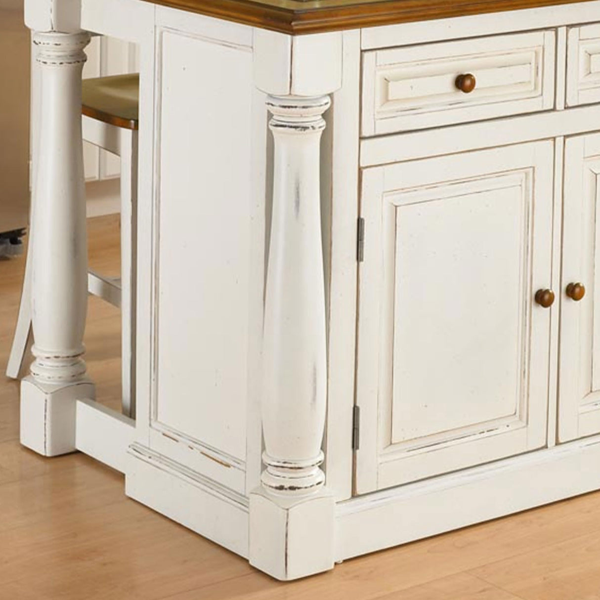 Home Styles Monarch White Kitchen Island with Distressed Oak Top, Black Granite Top Inset, Hardwood, Breakfast Bar, Two Drawers, Two Wood Panel Doors, and Adjustable Shelves homestyles