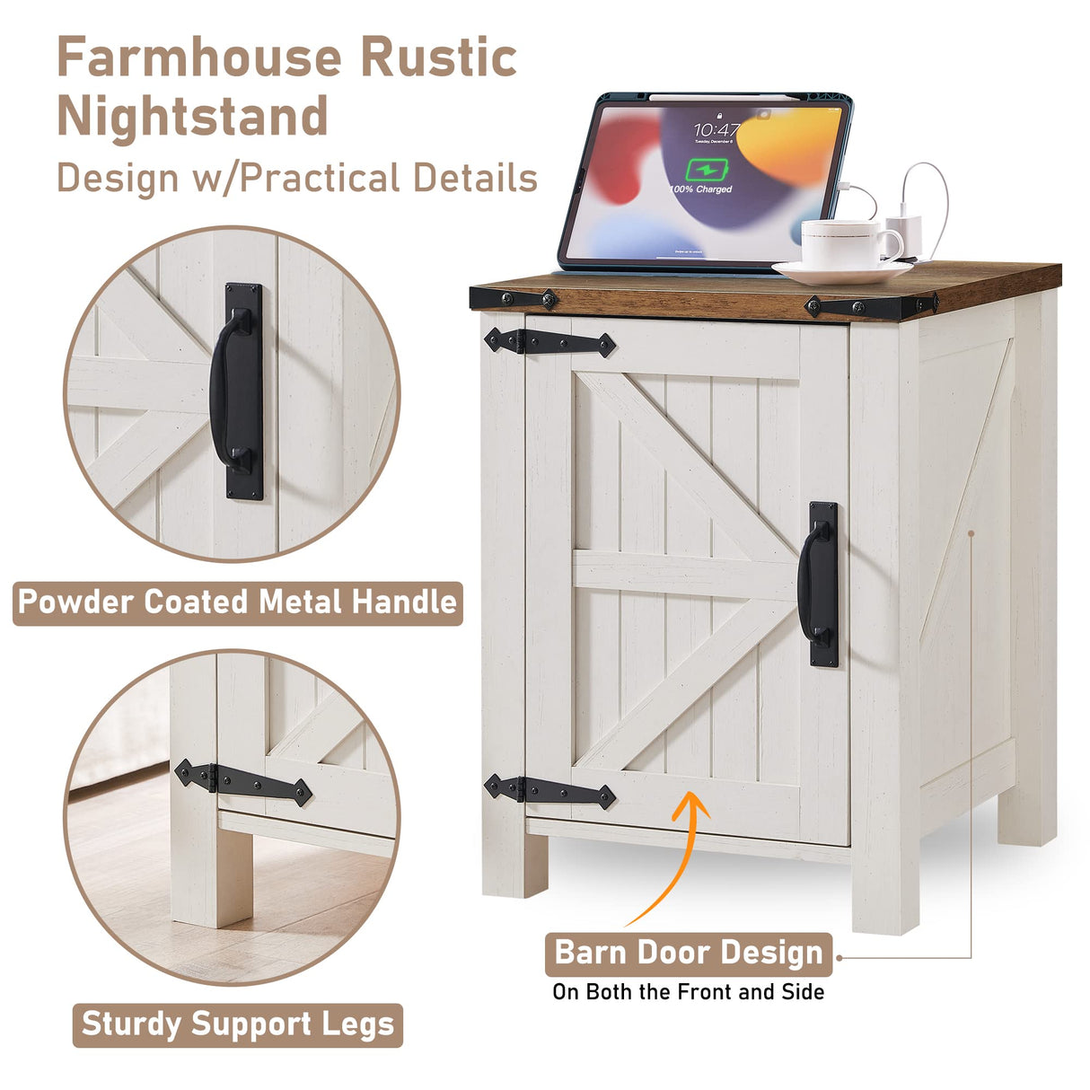 OKD Nightstand with Charging Station, 18 Inch Farmhouse End Table with Barn Door and Adjustable Storage Shelf, Rustic Wood Sofa Side Table w/Magnetic Door for Living Room, Bedroom, Antique White OKD