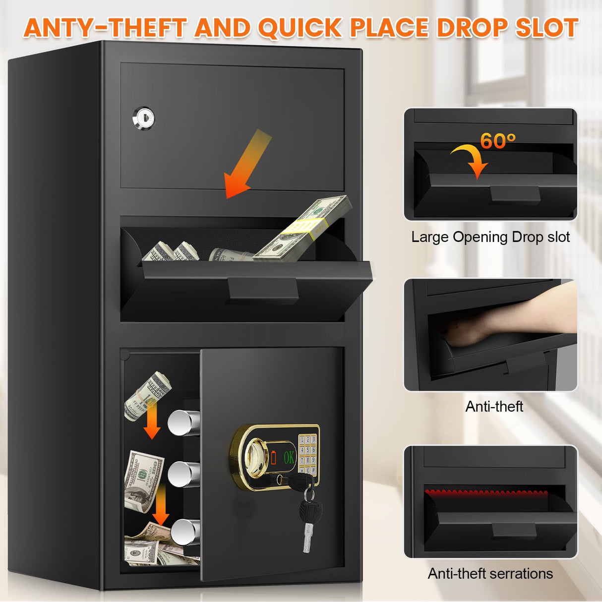 3.6 Cu ft Large Fireproof Drop Safe Box for Business, Anti-Theft Cash Safe Drop Box with Drop Slot, Digital Keypad and Spare Key, Heavy-duty Depository Drop Safe for Home Retail Busines Restaurants Tiskgg