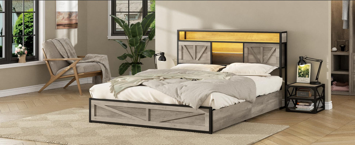 Halitaa Full Size Bed Frame with Charging Station, Full Bed Frame with 4 Drawers LED Light, Farmhouse Platform Bed with Headboard Storage 3 Layer Shelves, Wash Grey Halitaa