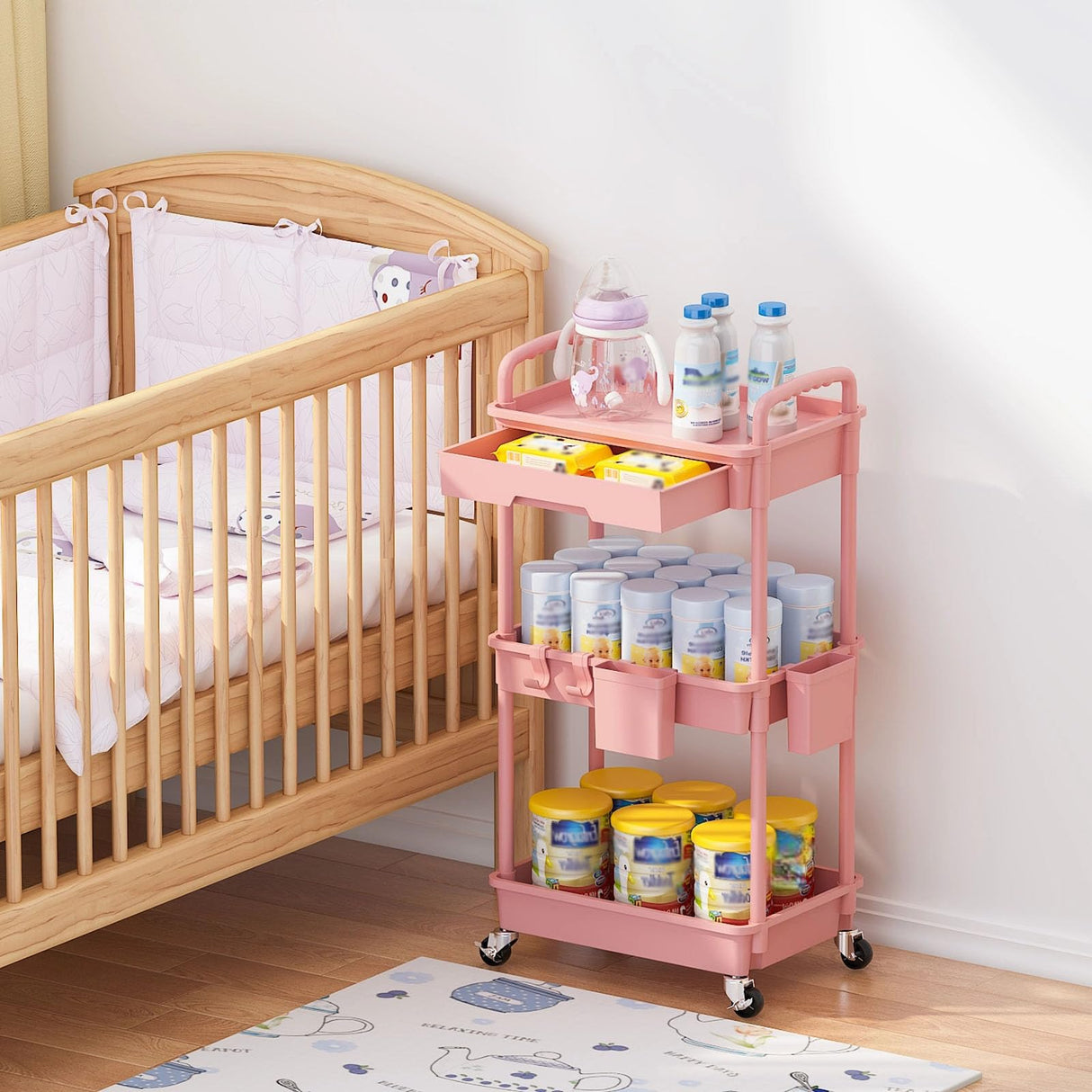 LLMRR 3 Tier Rolling Utility Cart with Drawer, Plastic Storage Organizer Rolling Carts with Wheels Handles Hanging Cups Hooks for Office, Bathroom, Kitchen,Craft Art Room (Pink) LLMRR