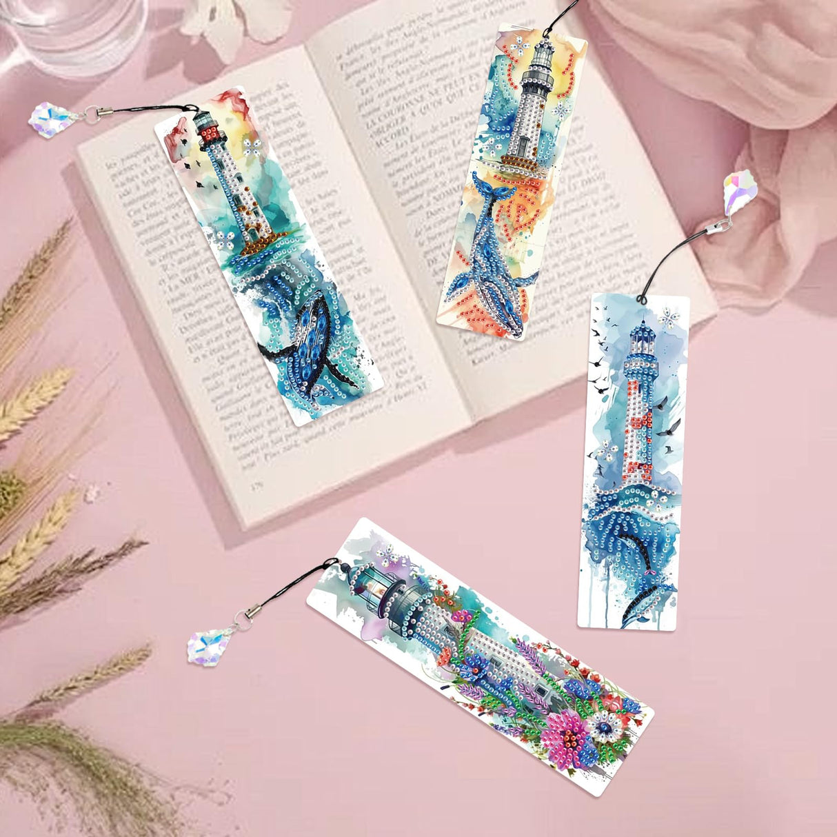 4 Pack Diamond Painting Bookmark Kits Lighthouse and Whale, Special Shaped Diamond Art Bookmarks with Pendant, DIY Handmade Crafts Home Office Supplies Reading Bookmark, Perfect Gift for Book Lovers Focart