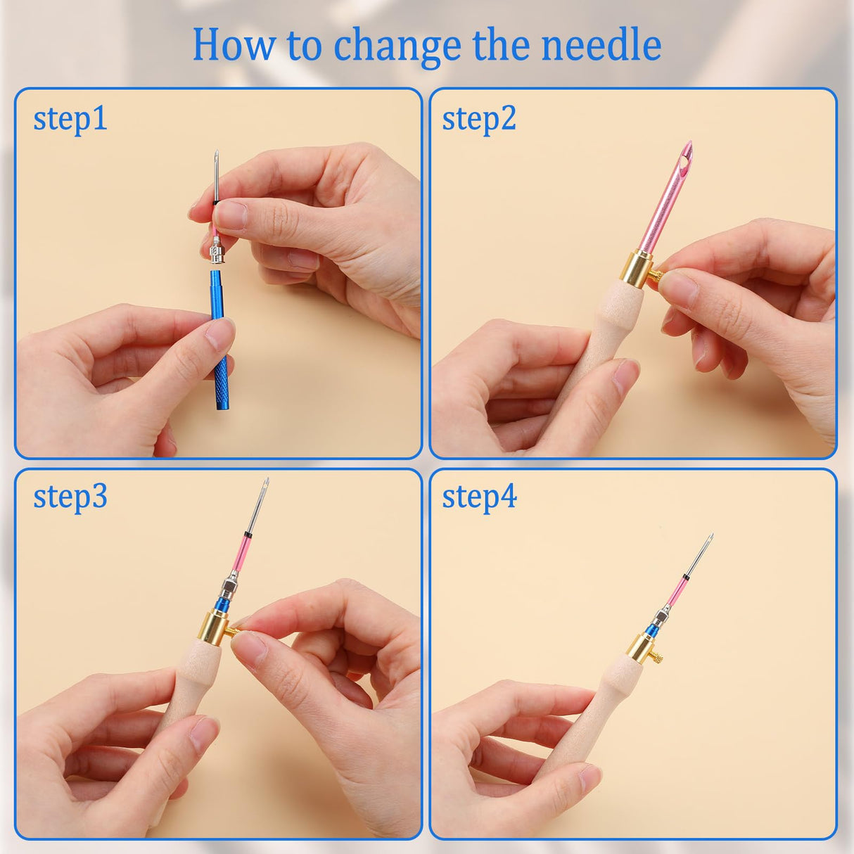 COMNICO 10 Pcs Punch Needle Kit, Punch Embroidery Kit Adjustable Punch Needle Tool with 7 Sizes Needle Heads Sewing Art Needle Tool Wooden Handle Embroidery Pen for Flossing Cross Stitch DIY Craft COMNICO