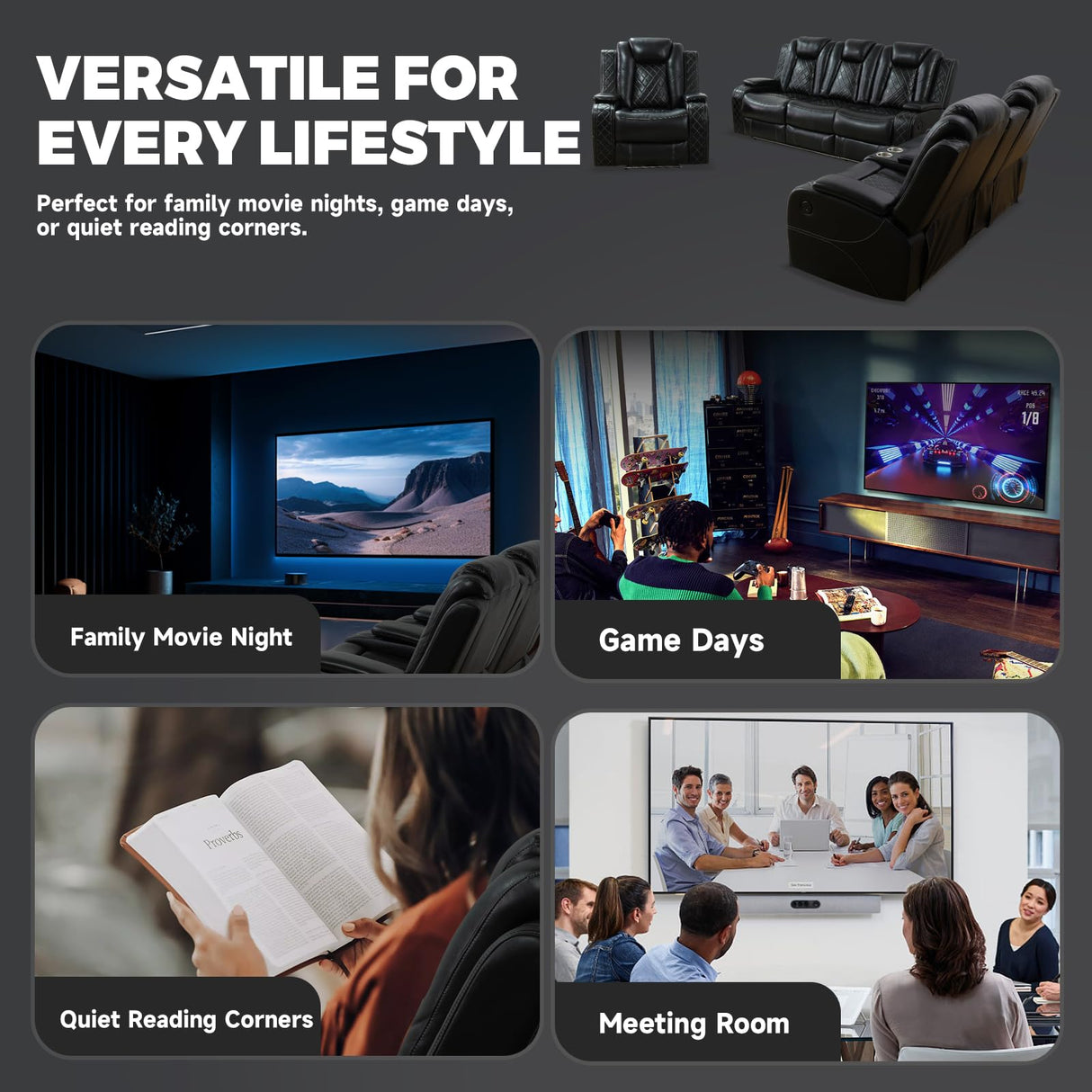 PU Leather Power Wall Hugger Chair Double Reclining Sectional Sofa 3-Seater Loveseat Couch with Reversible Coffee Table, Wireless Chargers, USB Port and Ambient LED Light for Living Room RV Theater NicBex