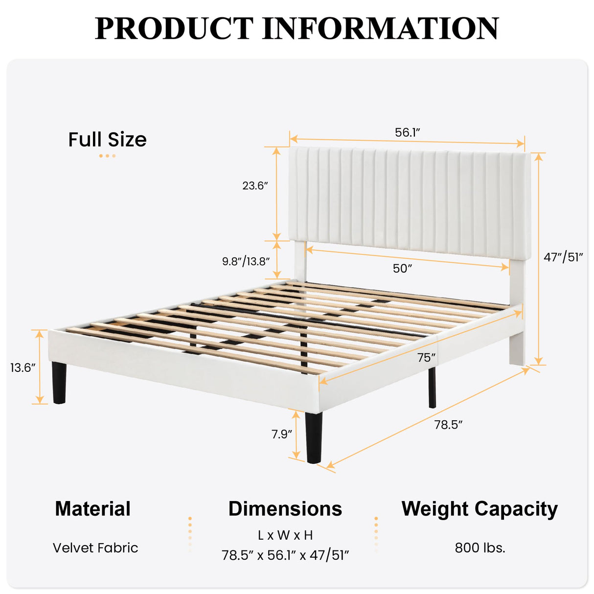 SHA CERLIN Full Upholstered Platform Bed Frame with Vertical Channel Tufted Velvet Fabric Adjustable Headboard, Wooden Slats Support, Mattress Foundation, Box Spring Optional, Off-White SHA CERLIN