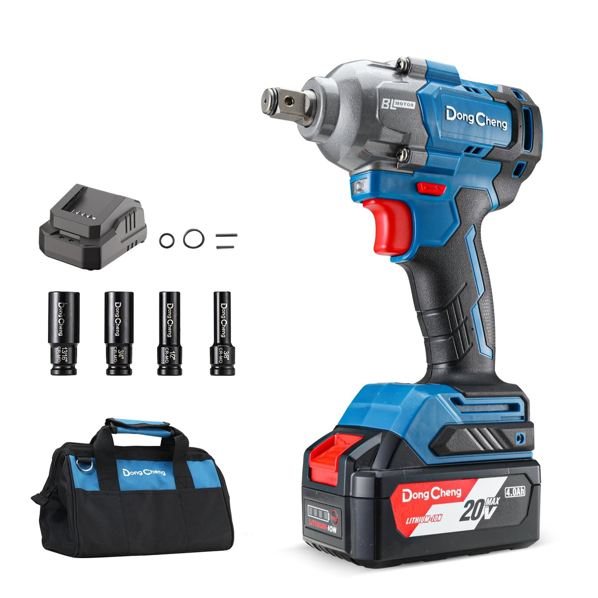 Dong Cheng 20V Cordless Impact Wrench, Max Torque 360 ft-lbs (488N.m), 1/2 inch with 3 Mode Speed, 2400 RPM Brushless Impact Gun, Includes 4.0Ah Battery, Charger, 4 Impact Sockets and Kit Bag Dong Cheng