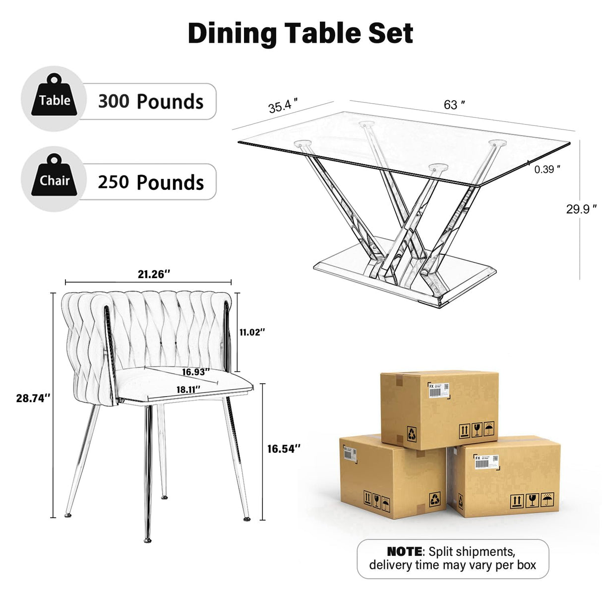 HAIZAO Modern Glass Dining Table Set for 6, 63'' Rectangular Tempered Tabletop with Aesthetic V Shape Gold Metal Base & 6 Beige Gold Woven Dining Chairs, 7 Piece Luxury Dining Table Set HAIZAO