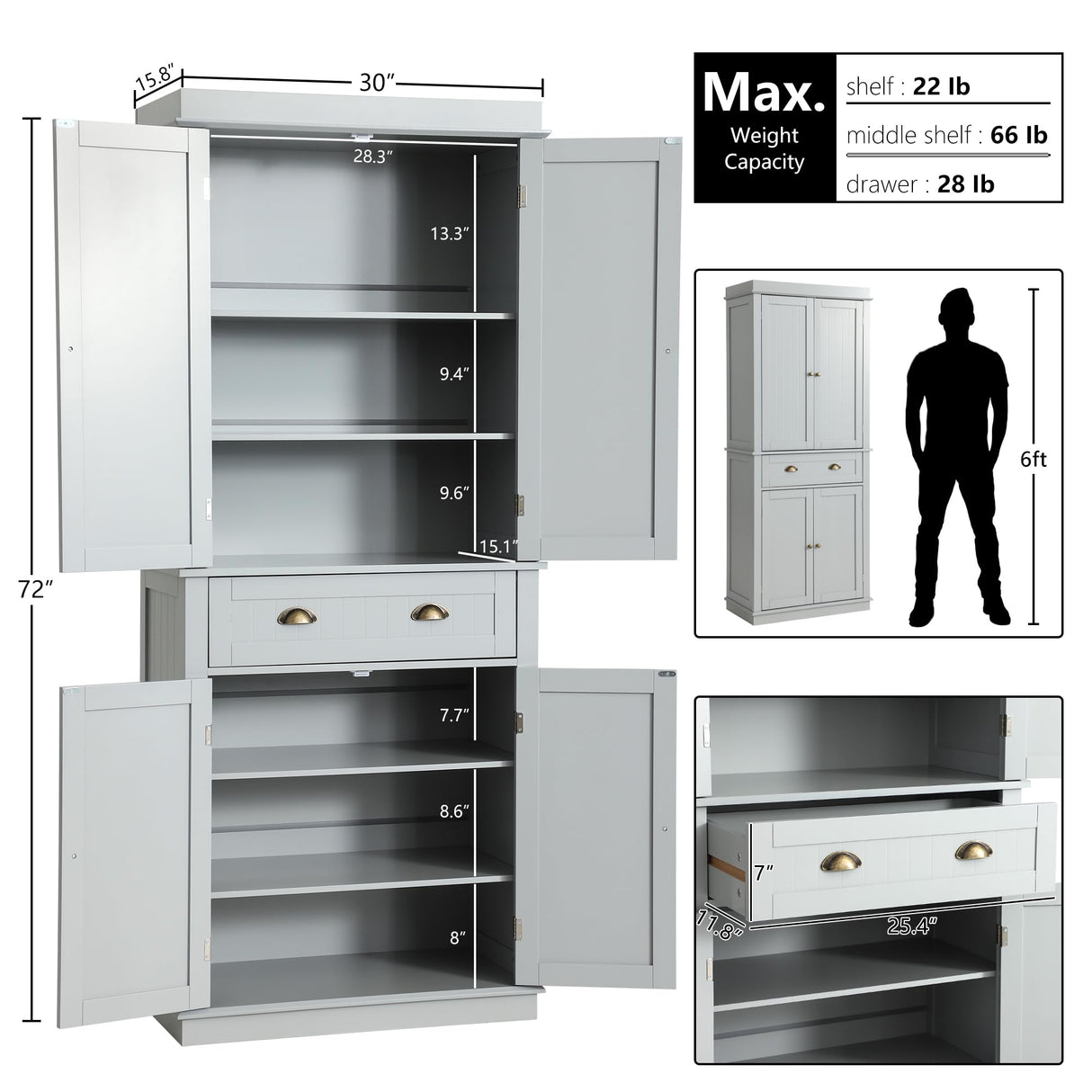 KIGOTY Pantry Cabinet Kitchen Storage Pantry Cabinet with Doors and Shelves for Living Room and Dining Room (Gray, 72" H) KIGOTY