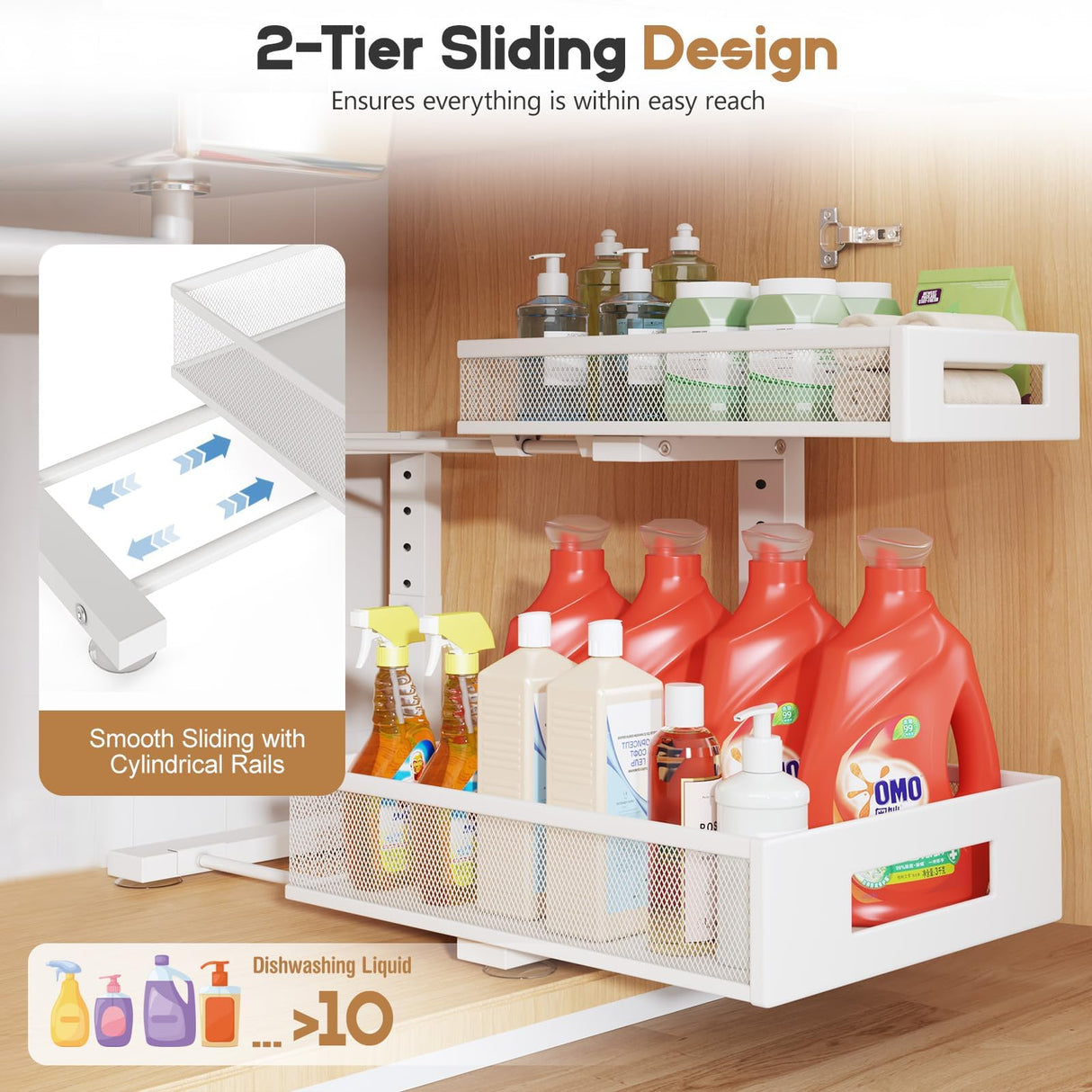 2-Pack Under Sink Storage Organizer, Large 2-Tier Elegant Mesh Pull Out Shelf for Kitchen and Bathroom Cabinet Organization, L-Shaped and Adjustable Height Design for Maximum Space Efficiency-White Biboraya