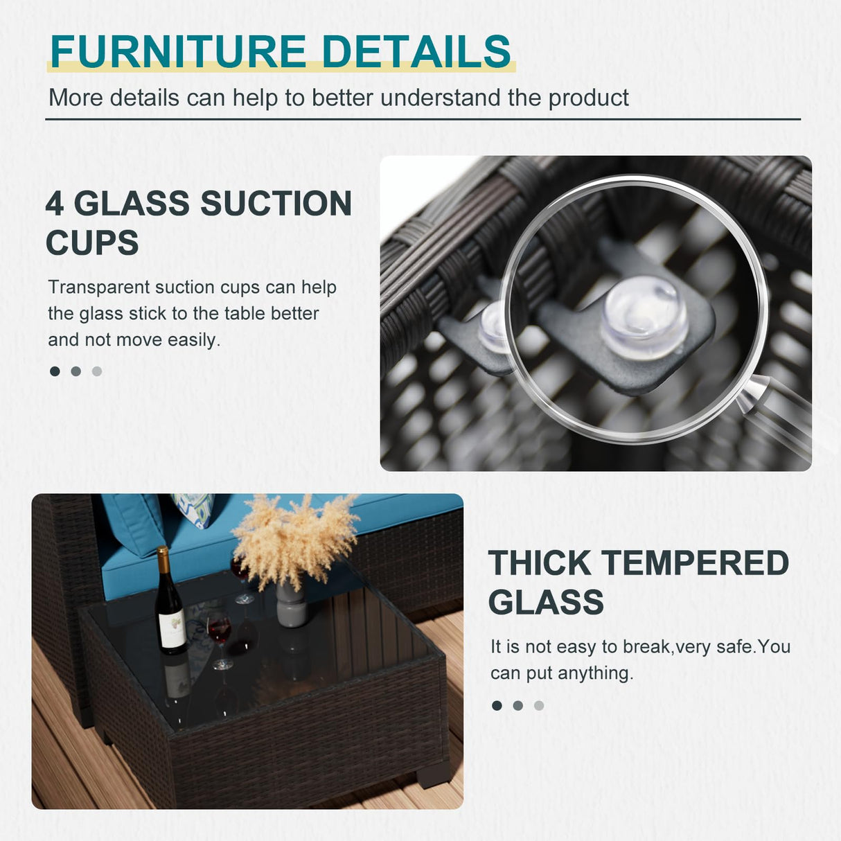 Ophelian 8 Piece Patio Furniture Set with Fire Pit Table, Wicker Outdoor Sectional Sofa Set with Thick Anti-Slip Chusions, Patio Conversation Sets for Backyard, Garden, Deck (Brown/Peacock Blue) Ophelian