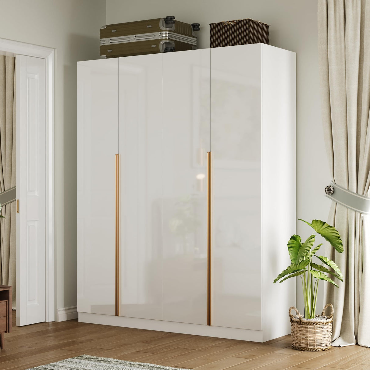 Homsee 63" W Wardrobe Closet Armoire with 4 Glossy Doors, Wooden Bedroom Clothing Storage Cabinet with 3 Hanging Rods & 10 Storage Compartments, White Homsee