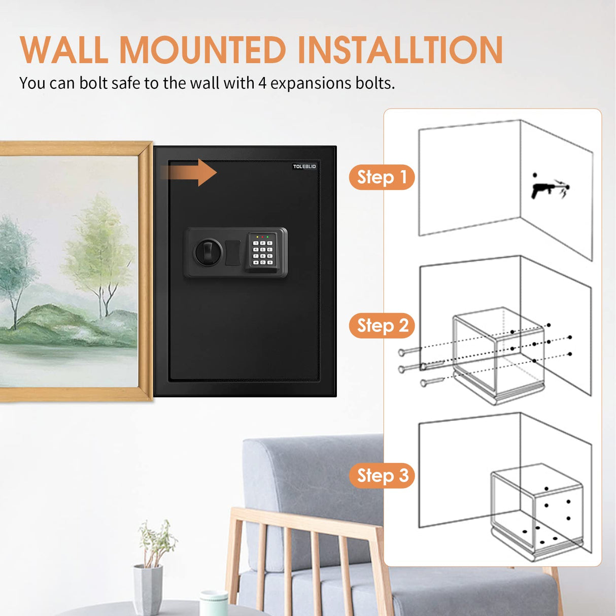 3.0 Cubic Feet Fire proof Safe Boxes for Home Use, Digital Home Security Safe Box with Electronic Keypad & Keys, Personal Safe for Firearm Medicine Money Documents Valuables TOLEBLID