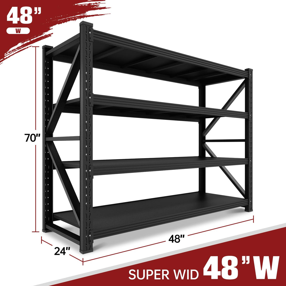 RAVIGIN 3000LBS Storage Shelves,48"W Garage Shelving Heavy Duty Metal Adjustable Garage Shelves,Garage Organization Shelving Units industrial shelving for Garage,Warehouse,48" W x 24" D x 69" H,Black RAVIGIN