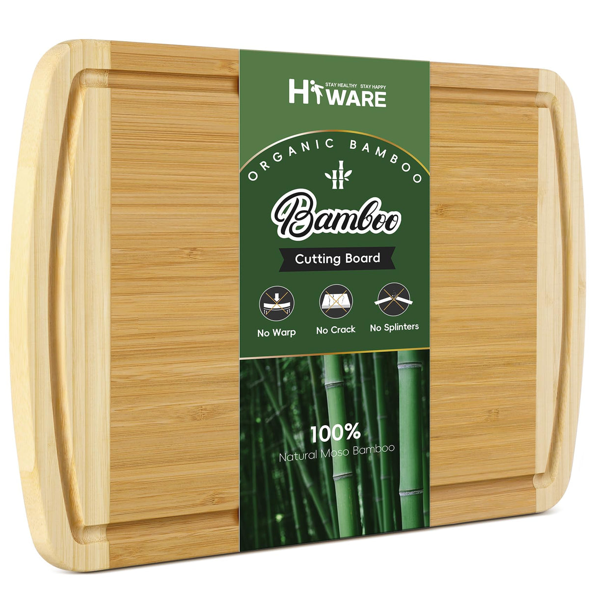 Large Wooden Cutting Board for Kitchen Meal Prep & Serving - Bamboo Cutting Boards with Juice Groove Side Handles, Charcuterie & Chopping Butcher Block - 100% Organic Bamboo, Pre Oiled, 16" x 10" HIWARE