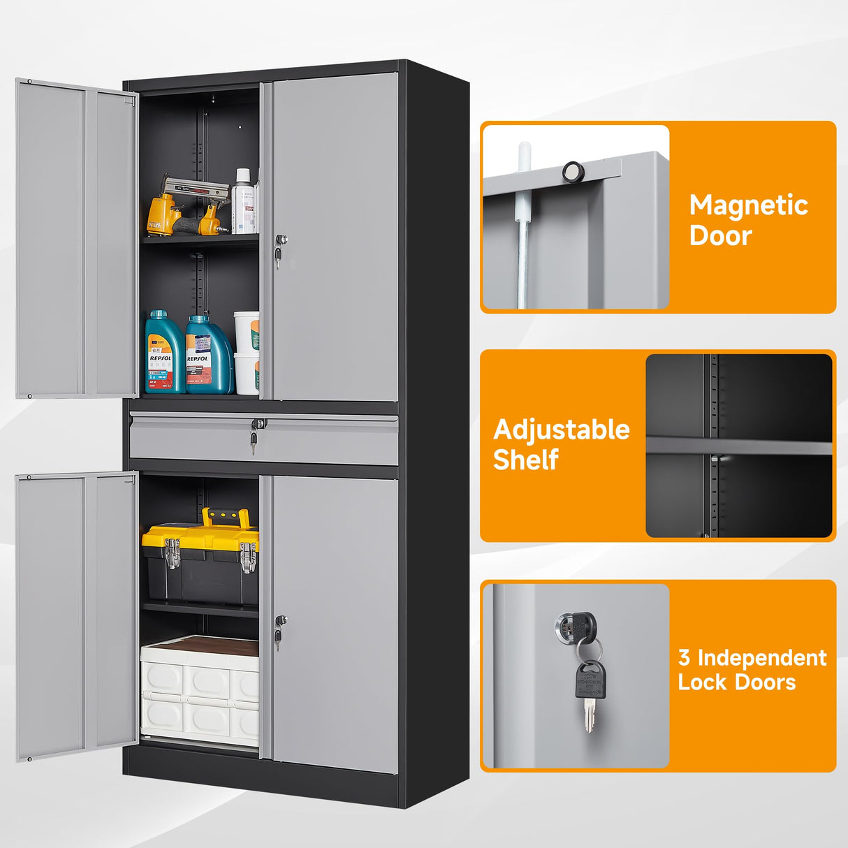 STANI Metal Garage Storage Cabinets with Drawer, 4 Doors Tool Storage Cabinet with 2 Adjustable Shelves, 71"-Lock Steel Locking Cabinet for Garage Utility Room Home Office (Black Grey, 0 Wheel-71 H) STANI