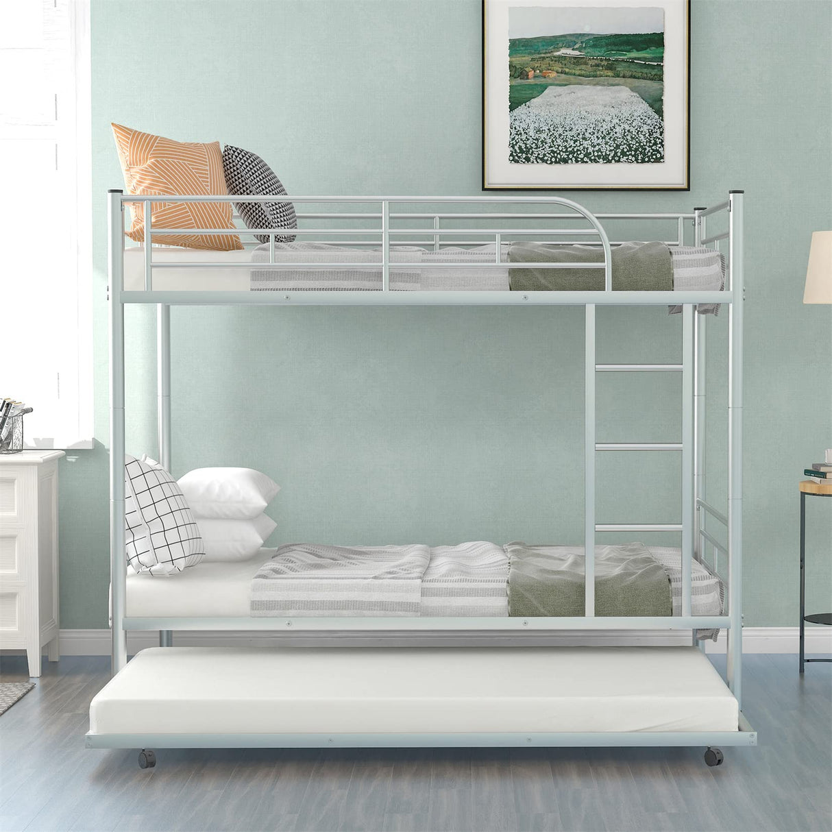 Metal Bunk Bed with Trundle Twin Over Twin Bunk Bed Frame with Ladder and Safety Rails for Kids Triple Metal Bunk Can be Divided into Two beds, Silver Bellemave