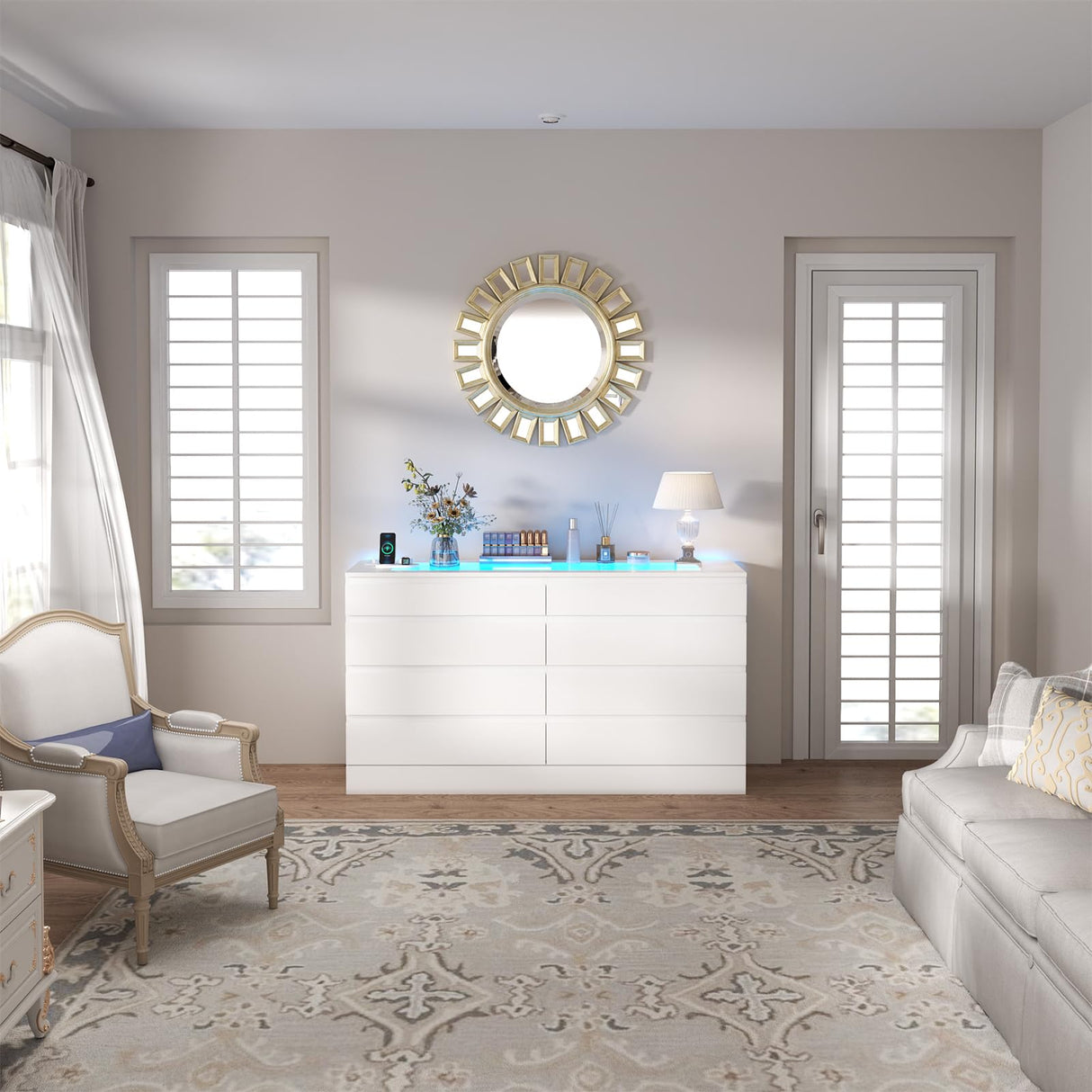 Gyfimoie 8 Drawer Dresser with Power Outlet, White Dresser for Bedroom Chest of Drawer with Glass Top & LED Light, Modern Double Wide Drawer Organizer Cabinet for Living Room (White) Gyfimoie