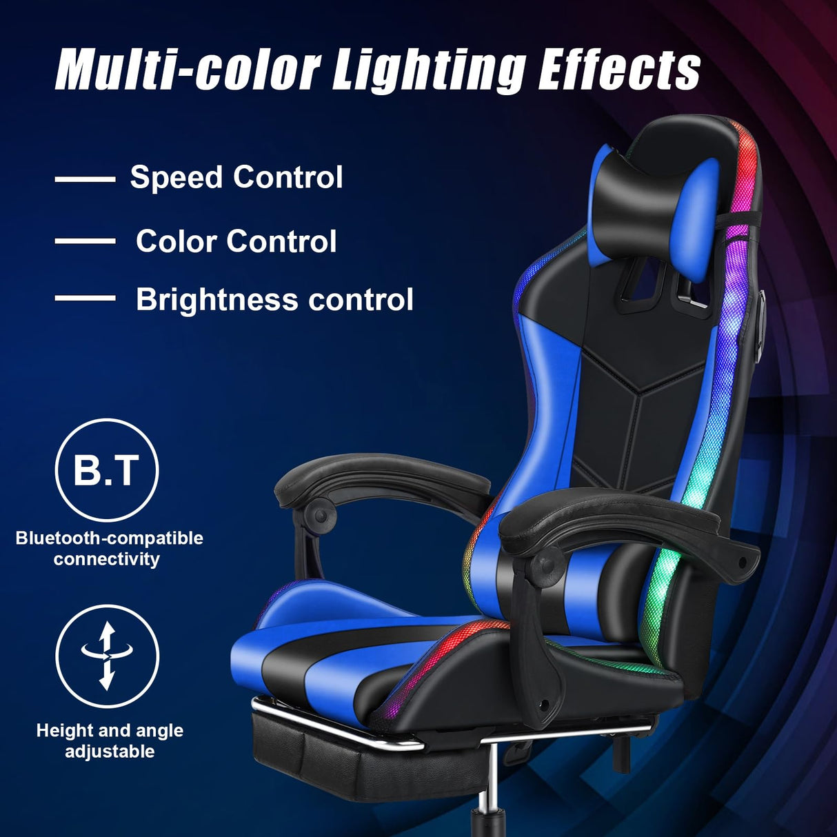 gihusrzx Led Gaming Chair with Bluetooth Speakers and RGB, Ergonomic Massage Computer Chair with Height Adjustable, Video Game Chair High Back with Lumbar Support Black Blue gihusrzx