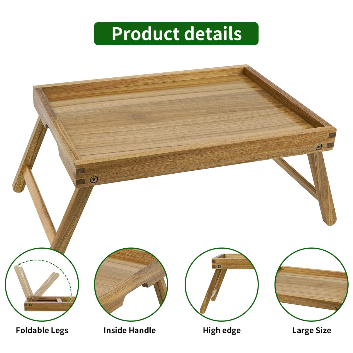 VaeFae Acacia Bed Table Tray, Wooden Breakfast Tray with Folding Legs, Bed Tray for Eating and Laptop, Eating Trays for Bedroom VaeFae