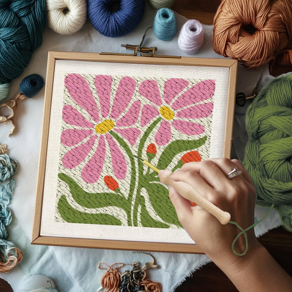 BEUNITONE Flower Beginners Punch Needle kit Handcraft Embroidery Starter Kits for Adults Flowers and Plants Punch Stitching Kit with Instruction Square Punch Needle Frame for Wall Decor 9.4'' x 9.4'' BEUNITONE