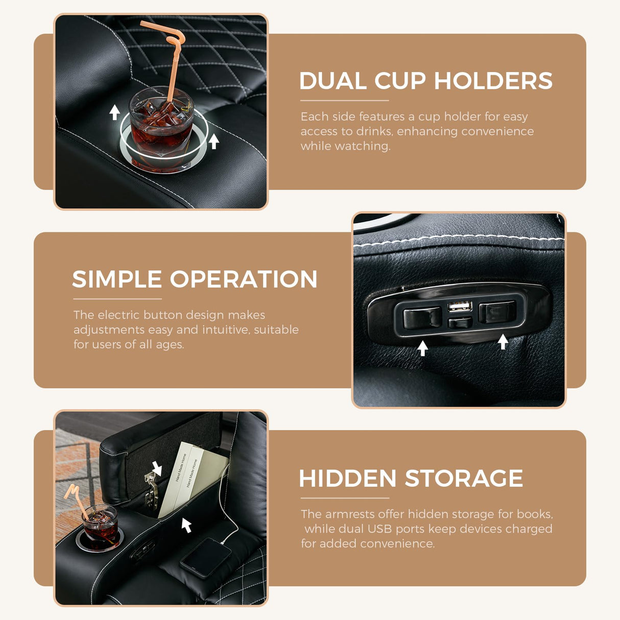 Power Home Theater Seating, Electric Recliner Sofa with LED Light, 23" Spacious Seat, Overstuffed Backrest, USB Ports and 2 Cup Holders, Faux Leather Recliner Chair for Movie Room, Black Bonzy Home