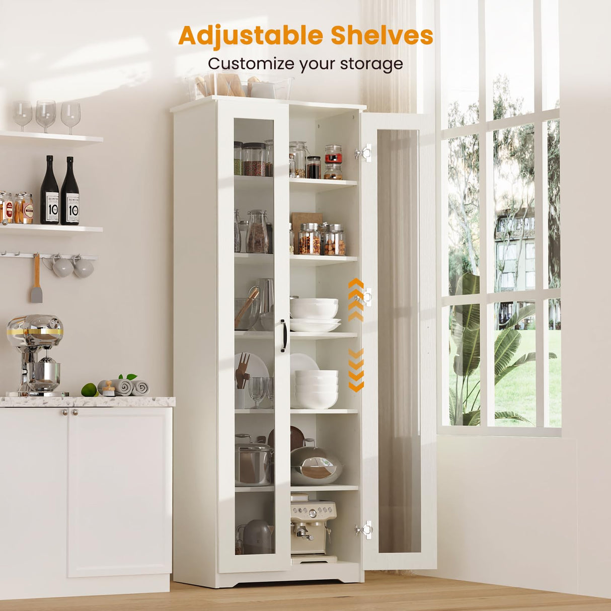 Teekyooly 70" Tall Display Cabinet Storage, Pantry Cabinet with 2 Doors and 6 Adjustable Shelves, Standing Utility Cabinet for Dining Room, Food Storage and Kitchen, Clear and White Teekyooly