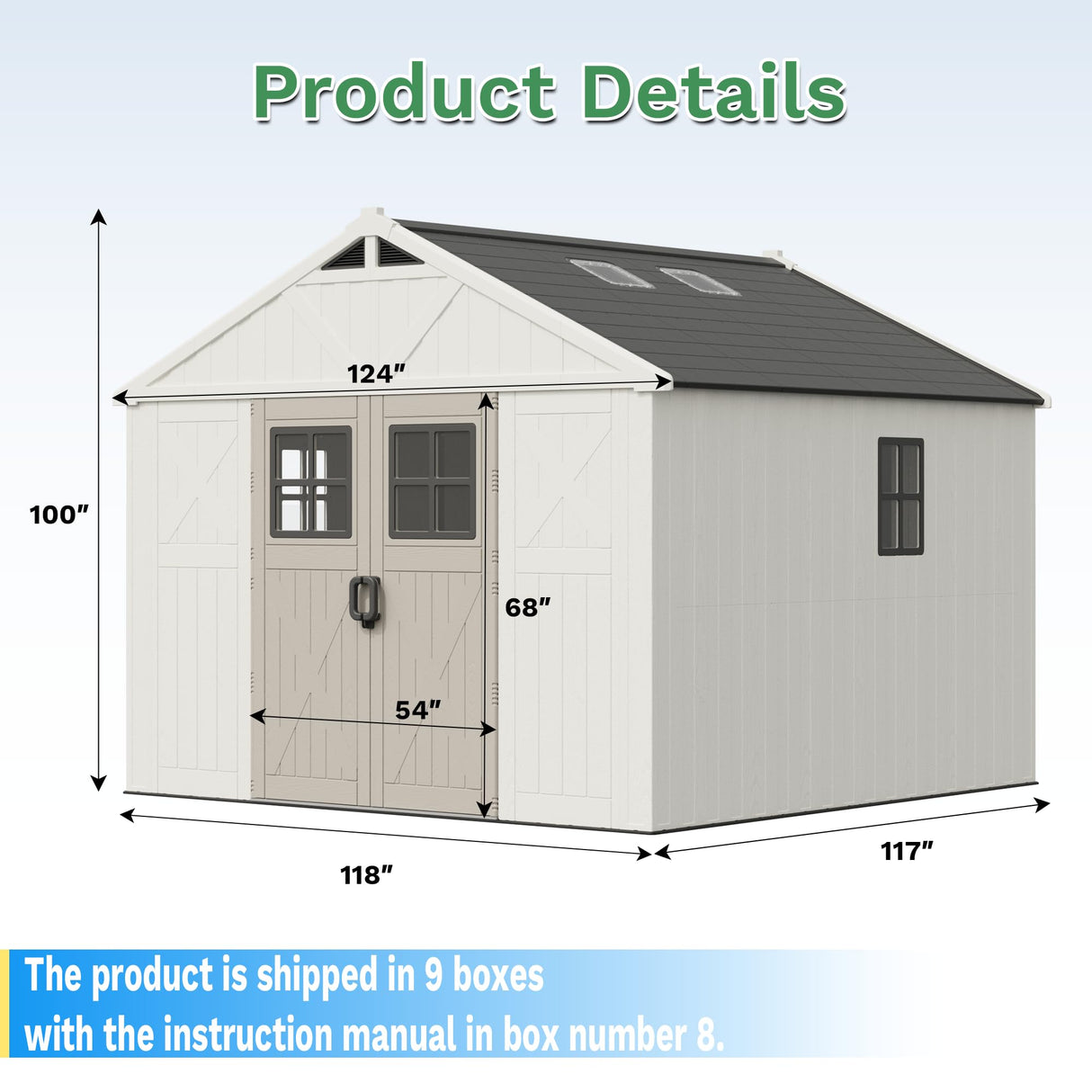 Greesum 10x10 FT Plastic Outdoor Storage Shed with Floor, Resin Sheds with Windows and Skylights, Weather Resistant Organization with Lockable Door, for Garden, Lawn, Pool Supplies, Beige Greesum
