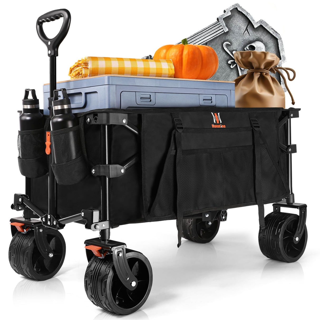 Navatiee Collapsible Folding Wagon, Beach Wagon Cart Heavy Duty Foldable with Big Wheels, Utility Grocery Wagon with Side Pocket and Brakes for Camping Garden Sports, T1 Navatiee