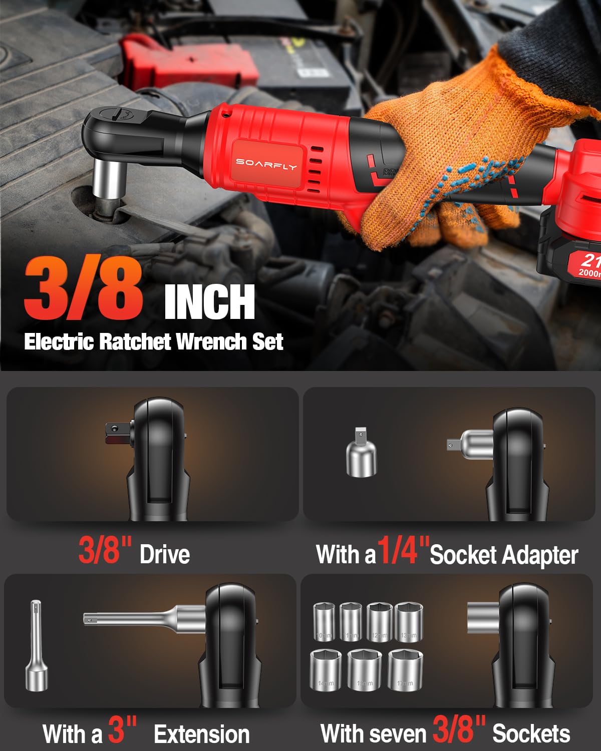 Cordless Electric Ratchet Wrench Set 3/8", Upgraded 60 Ft-lbs 21V Powerful Ratchet Tool Kit, With LED Light Cordless Ratchet,Variable Speed,7 Sockets, 3" Extension Bar, 1/4" Adapter, 2*2000mAh Battery SOARFLY