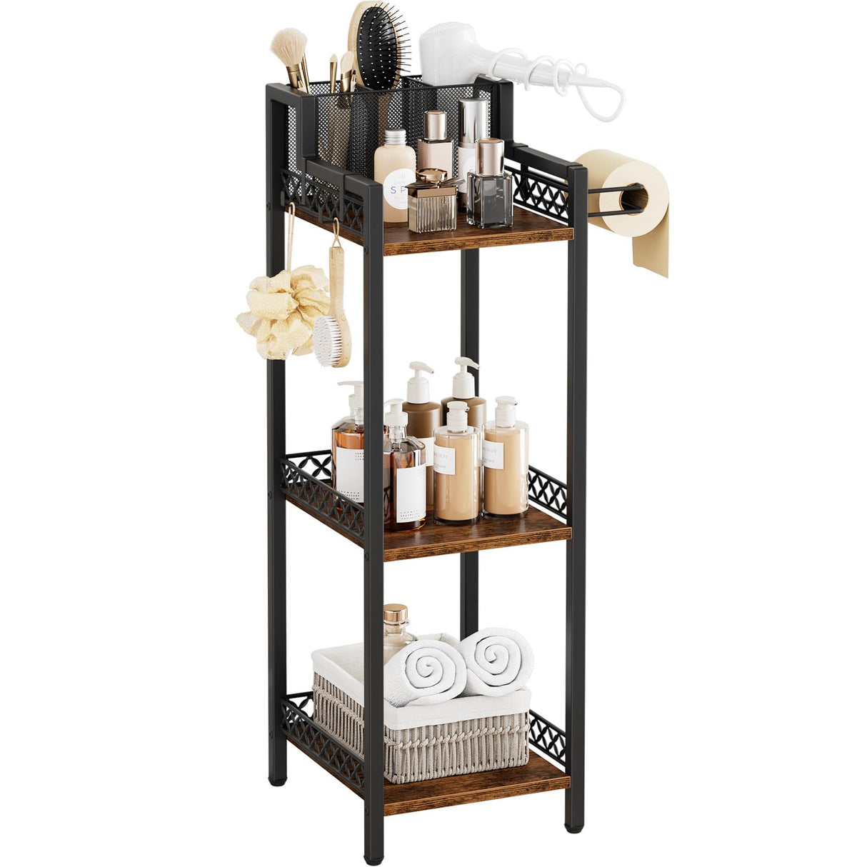 FURFUN 3-Tier Bathroom Shelf Organizer with Hair Dryer Holder and Toilet Paper Hook, 9.85" Slim Metal Stand for Small Spaces, Holds 50lbs - Freestanding Storage for Towels, Toiletries FURFUN