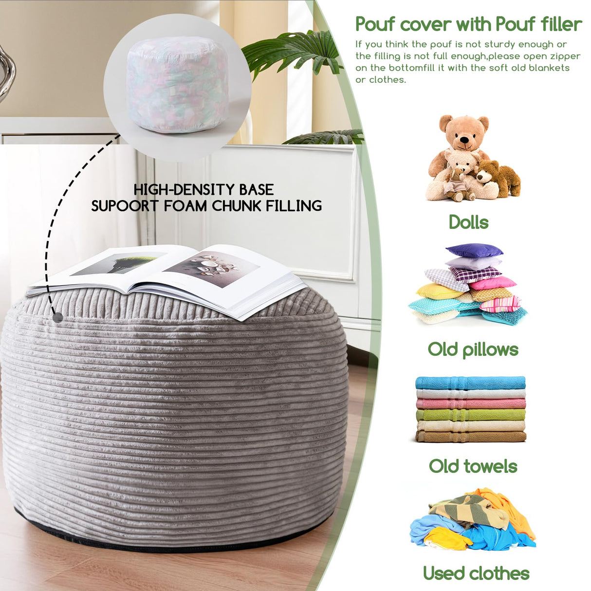 HIGOGOGO Round Stuffed Pouf Ottoman, Corduroy Poufs with Foam Chunk Filling, Furry and Fluffy Pouf Foot Stool Storage Ottoman, 20 X 15 Floor Poufs Foot Rest for Living Room, Grey HIGOGOGO
