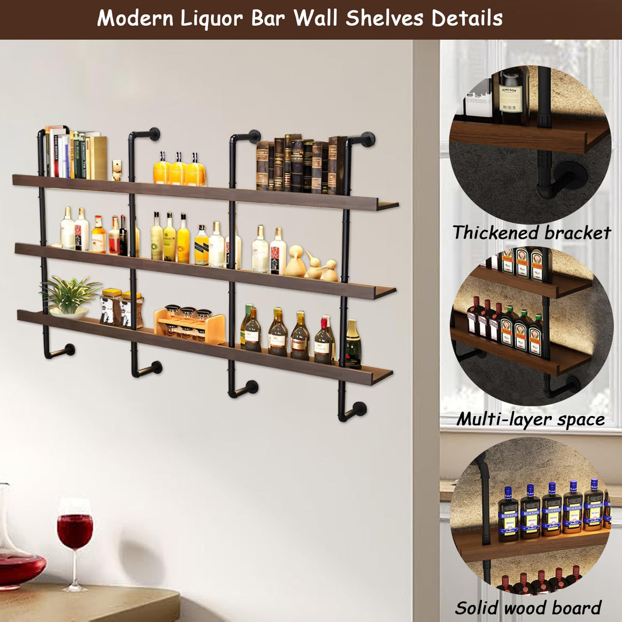 Dawselod 39.7in Large Wine Rack with LED Light Solid Wood Wall Mounted Wine Rack, 3-Tiers Liquor Bottles Floating Shelves Display Storage Organizer for Home Bar & Dining Room (100cm/39.7in) Dawselod