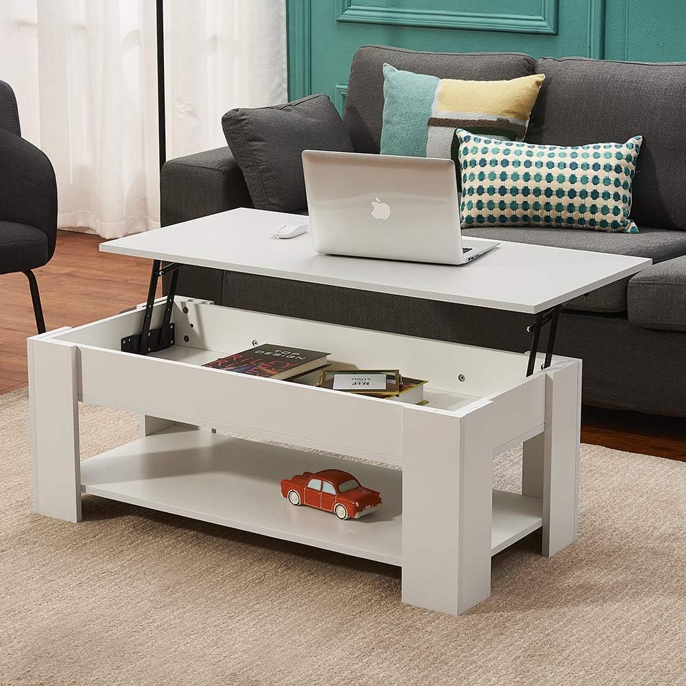 Panana Modern Lift Up Top Coffee Table with Hidden Storage and 1 Shelf Wooden Tea Table Sofa End Table for Living Room, Office, 39.4" x 19.7" x 18.5" (White) Panana