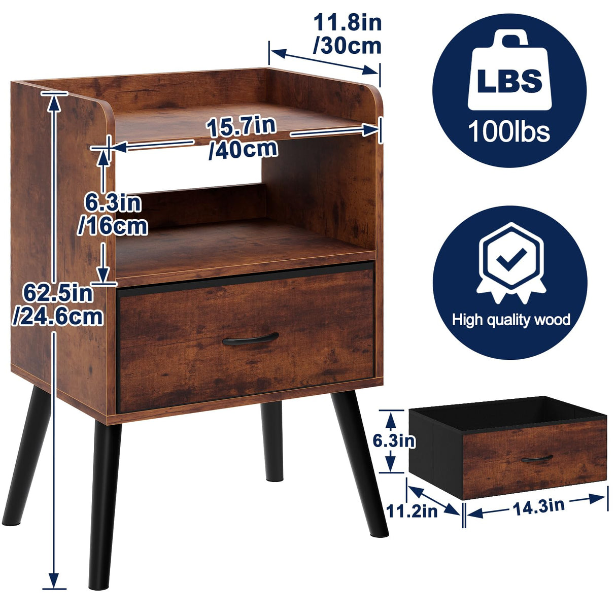 Huhote NightStand with Open Shelf,Night Stand with Drawer Storage Side Table End Table,Bedside Table with Solid Wood Feet,Mid Century Night Stands for Bedroom Sofa Couch Small Spaces(Brown) Huhote