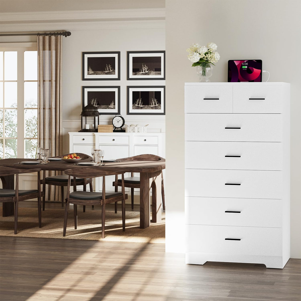 FJTJBSI 47.3" Tall Dresser for Bedroom Chests of Drawers with Charging Station 7 Drawer Dressers with Metal Slide Rail Modern Wood Closet Organizer with Large Storage for Home Office Entryway FJTJBSI