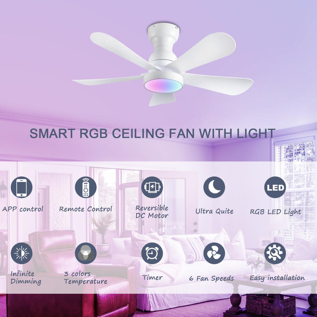 NKPU 36inch Ceiling Fans with Lights and Remote/App Control, Flush Mount Ceiling Fan with Reversible Dc Motor RGB Dimmable Light, Noiseless White Modern Small Ceiling Fan for Bedroom Indoor/Outdoor NKPU