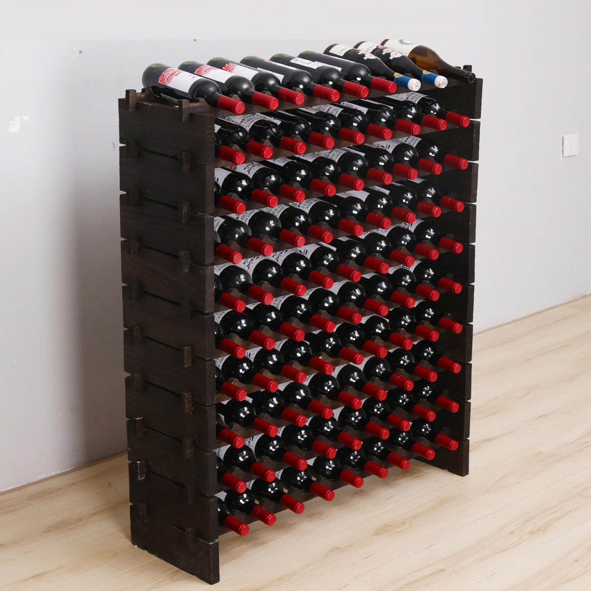 FDHUIJIA Wine Rack Cabinet 90 Bottle Wooden Stackable Storage freestanding Floor Modular Wine Cellar Shelf FDHUIJIA