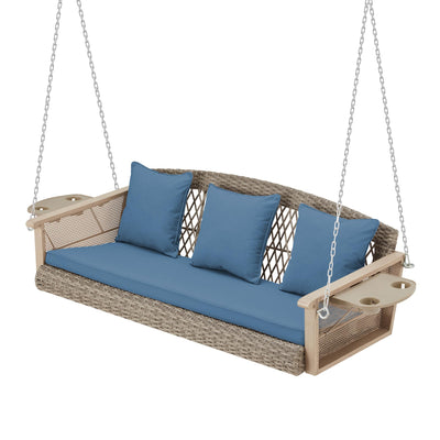HOMREST 3-Person Porch Swing 55in Wicker Hanging Swing Bench with Cushions Cupholders Swing Chair with Chains 800lbs Capacity for Deck Garden Backyard