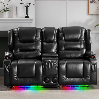 SAMERY Power Loveseat Recliner Sofa Set, Faux Leather Reclining Loveseat Sofa RV Couch Living Room Furniture Set with Console, Bluetooth Speakers, LED Light, USB, Cup Holders (Black 2 Seater)