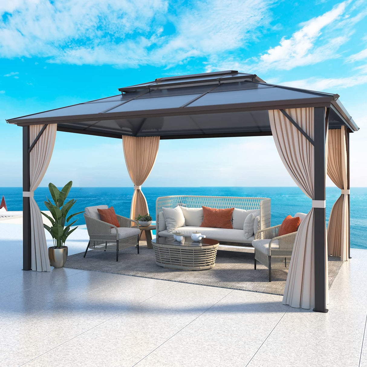 MELLCOM 10 x 13ft Hardtop Gazebo, Polycarbonate Double Roof Aluminum Gazebo, Outdoor Waterproof Canopy Gazebo with Netting and Curtains for Backyard, Deck, Patio MELLCOM